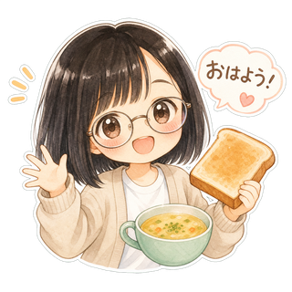 オリジナルLINEスタンプ「もぐ子」の「おはよう」スタンプ。朝食を持って挨拶するキャラクター