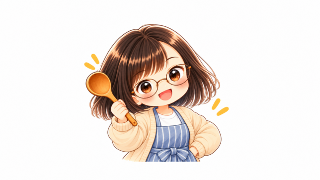 オリジナルLINEスタンプ「もぐ子のゆるもぐスタンプ」のキャラクター。エプロン姿で木製のスプーンを持つもぐ子